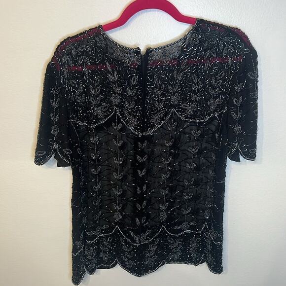 Cote D' Azur Evening Vintage Womens Beaded 100% Silk Sheer Blouse Large Black - Picture 10 of 10